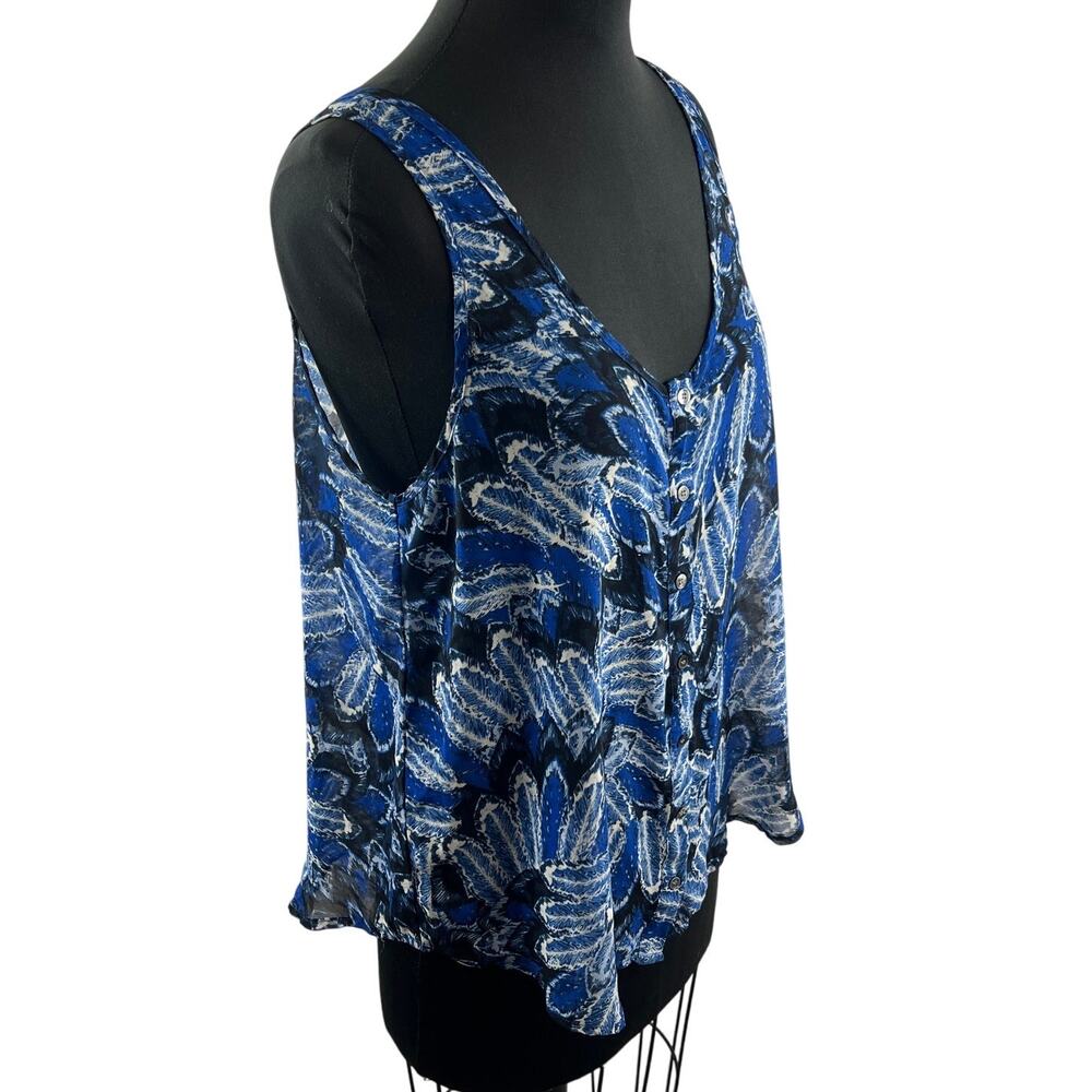 PJK Patterson J Kincaid Blue Black Print Sleeveless Top Deep Neckline L Large